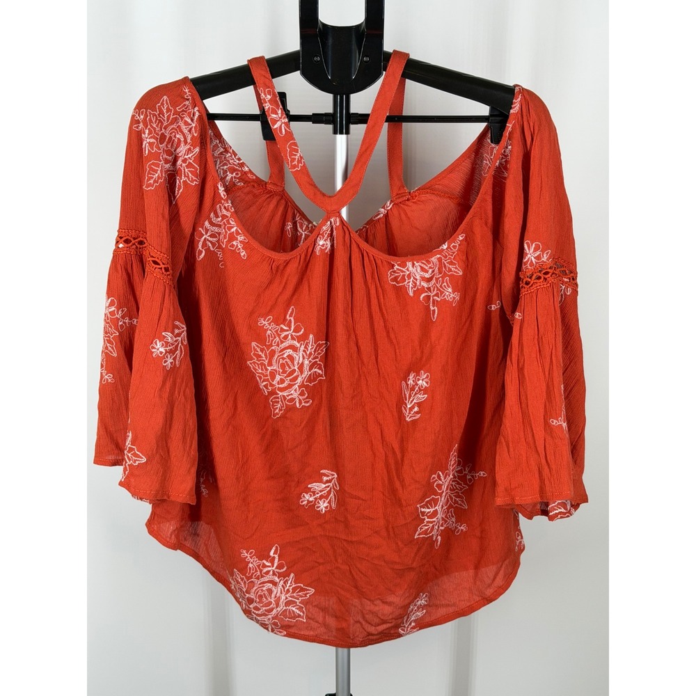 Blushing Heart Womens Rust Orange Floral Embroidered Cold Shoulder Bell Sleeve M